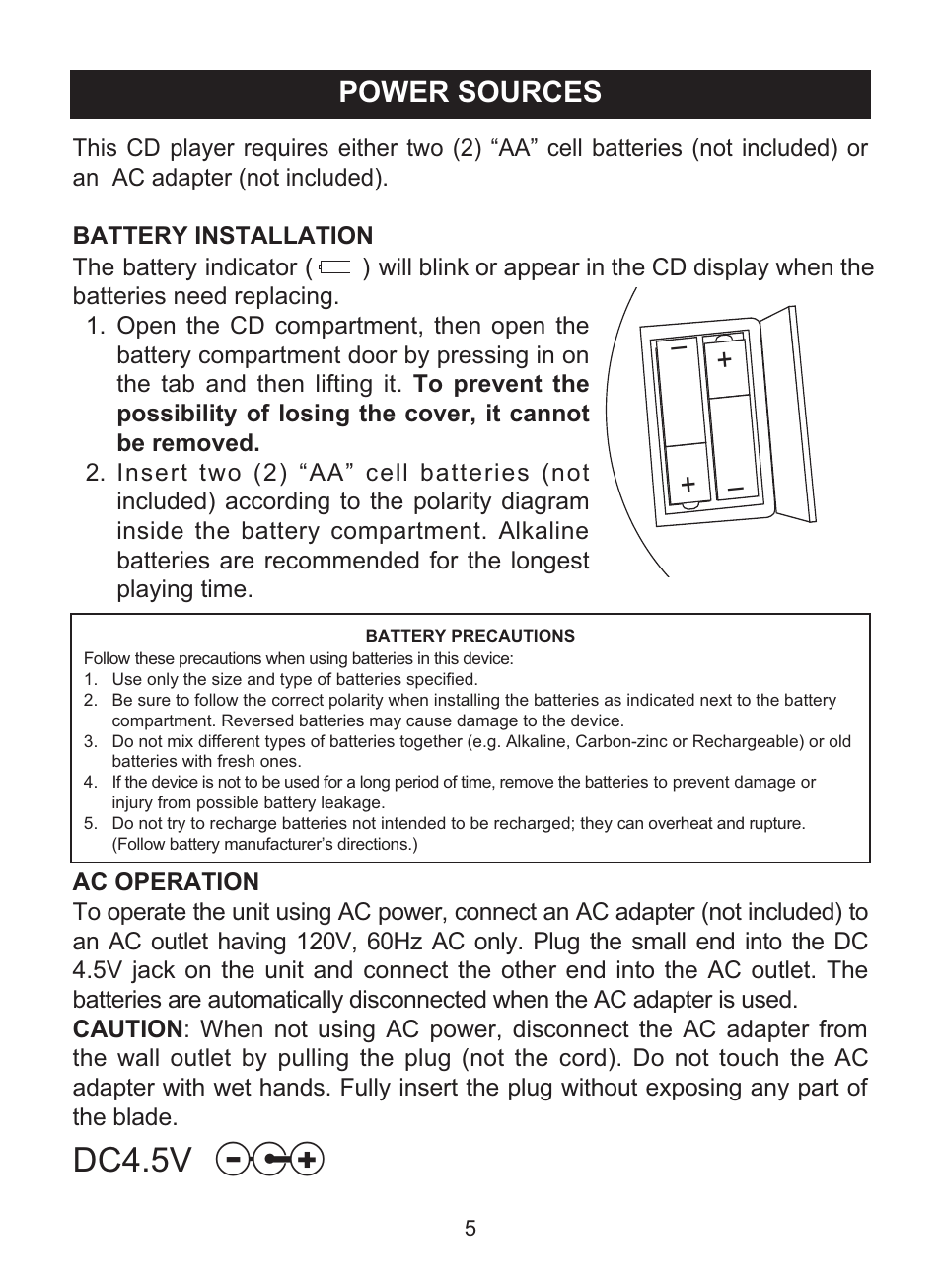 Dc4.5v, Power sources | Memorex MD6460 User Manual | Page 6 / 34