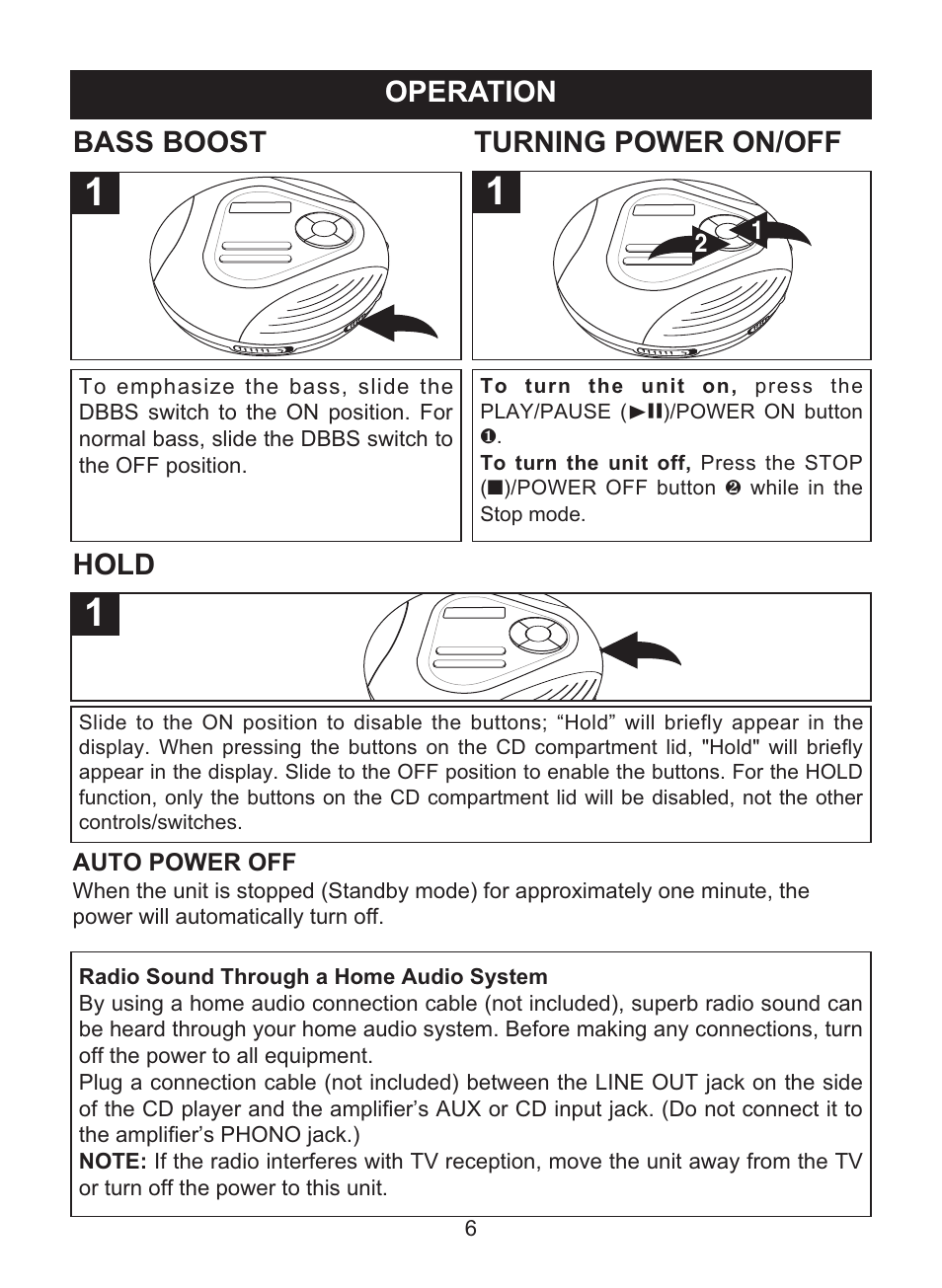 Operation, Bass boost turning power on/off, Hold | Memorex MD6460 User Manual | Page 7 / 34