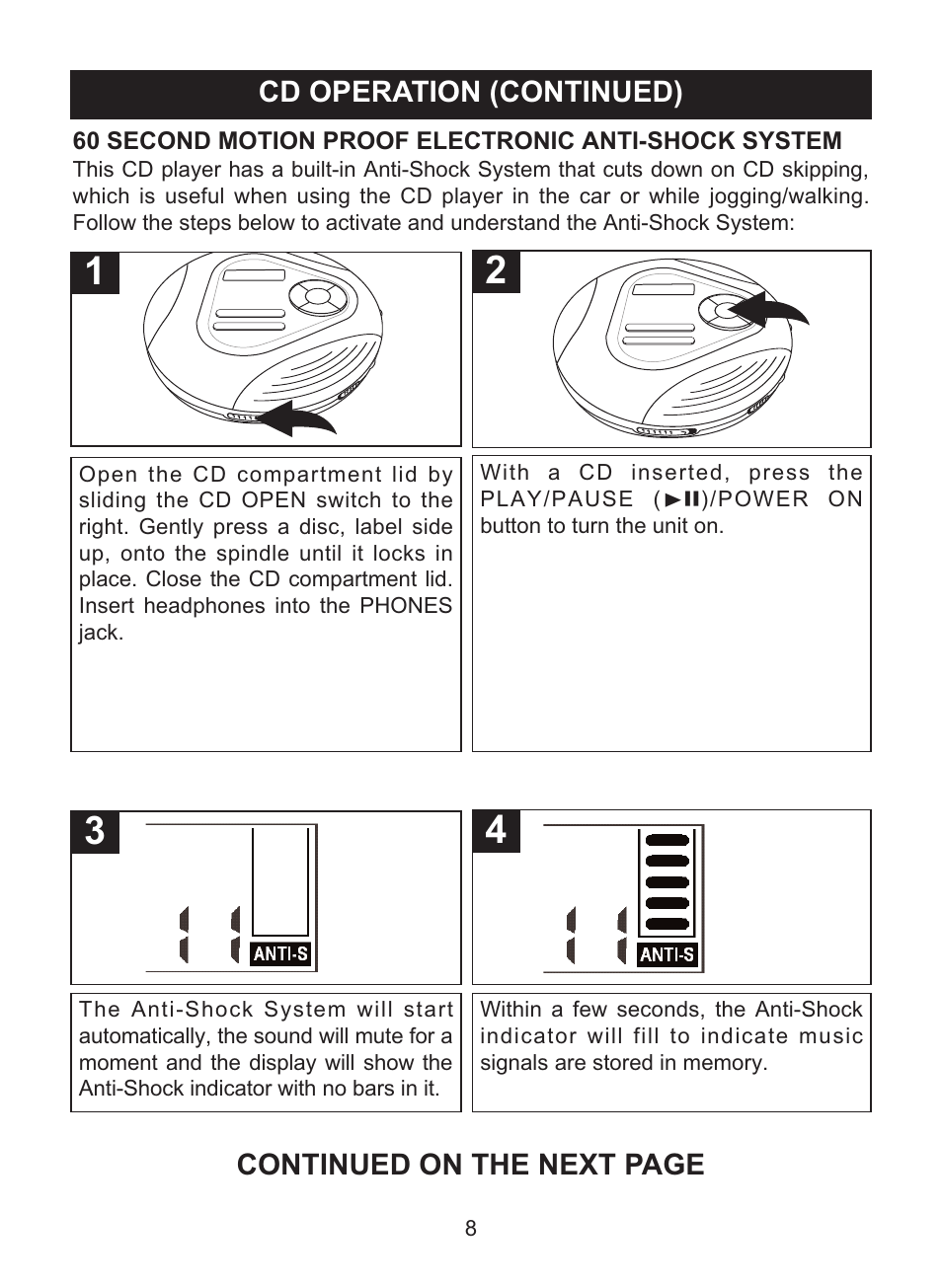 Cd operation (continued), Continued on the next page | Memorex MD6460 User Manual | Page 9 / 34