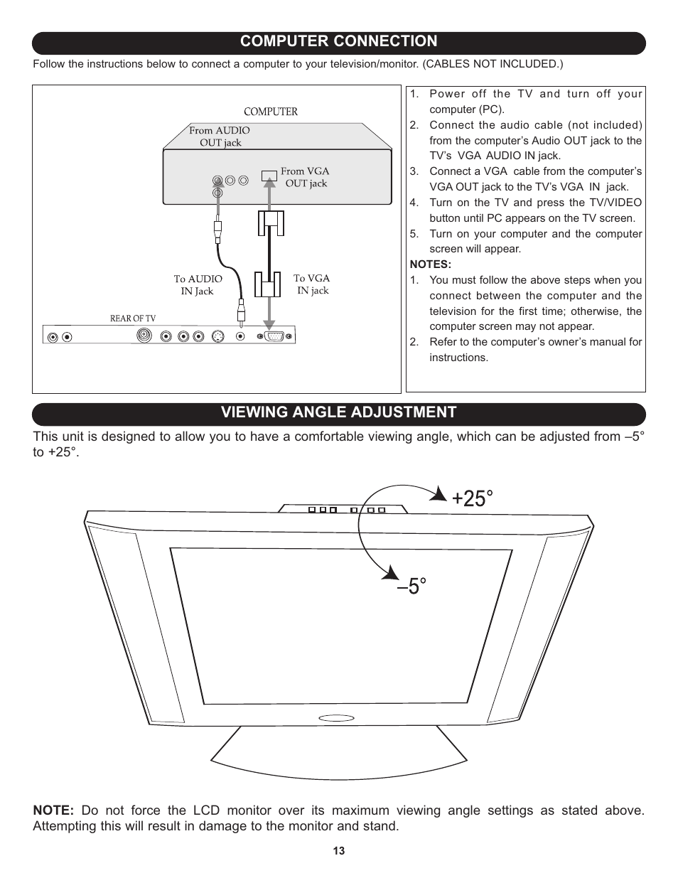 Computer connection, Viewing angle adjustment | Memorex MLT1522 User Manual | Page 14 / 34