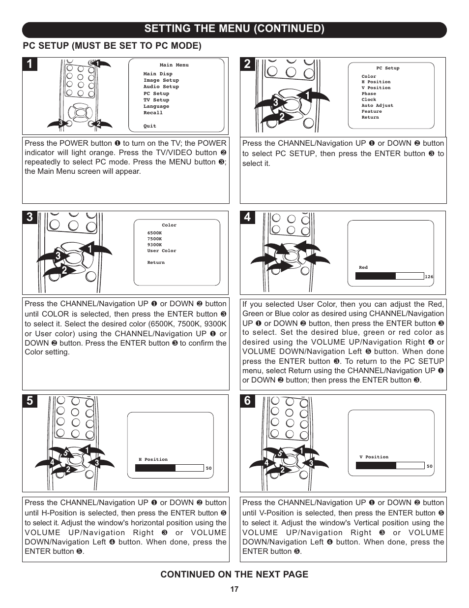 Setting the menu (continued), Pc setup (must be set to pc mode), Continued on the next page | Memorex MLT1522 User Manual | Page 18 / 34