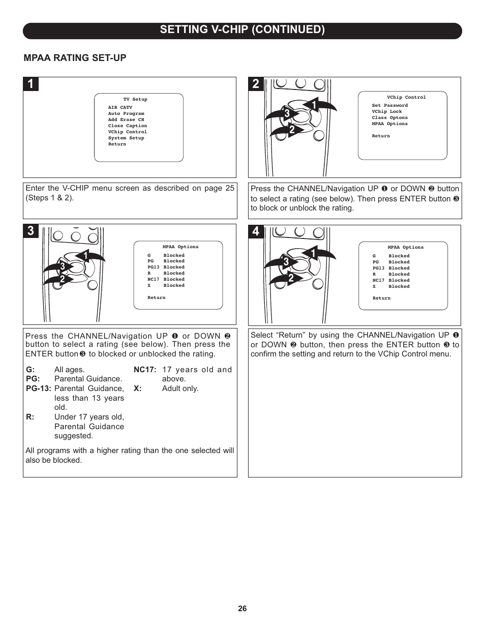 Setting v-chip (continued), Mpaa rating set-up | Memorex MLT1522 User Manual | Page 27 / 34