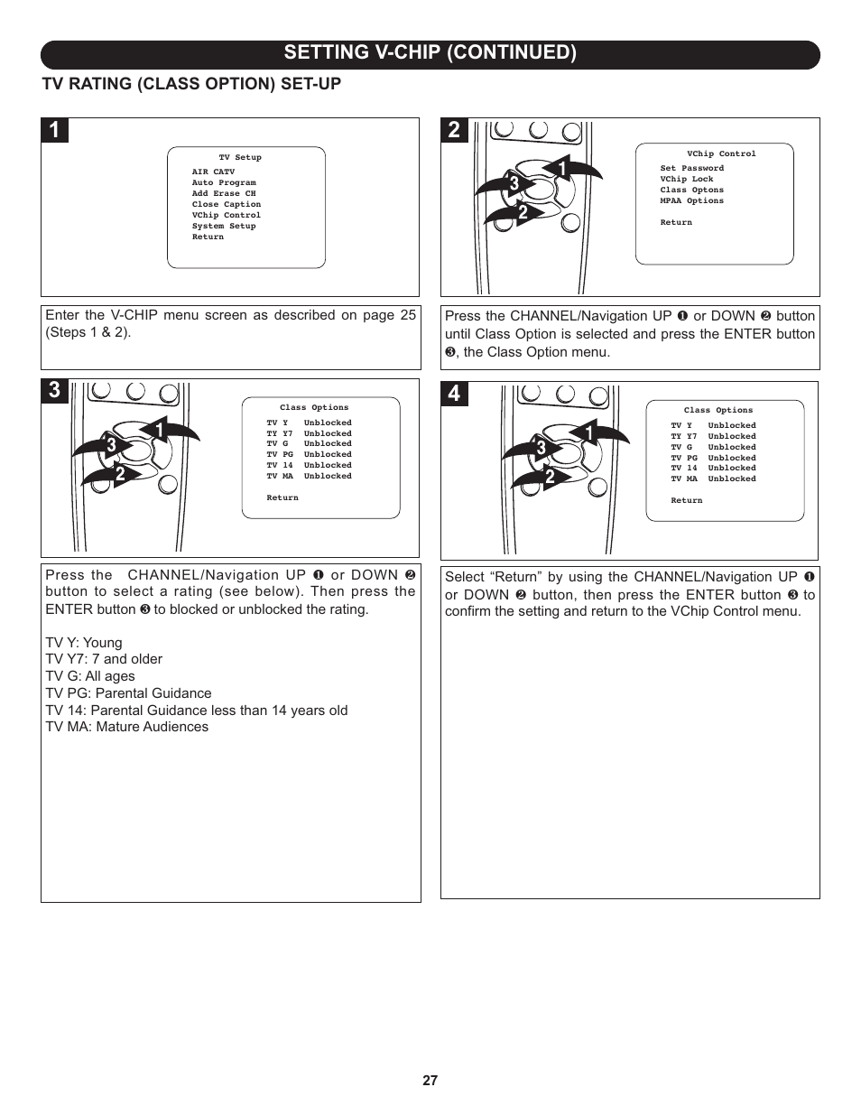 Setting v-chip (continued), Tv rating (class option) set-up | Memorex MLT1522 User Manual | Page 28 / 34