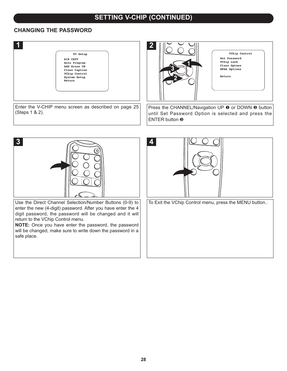 Setting v-chip (continued), Changing the password | Memorex MLT1522 User Manual | Page 29 / 34