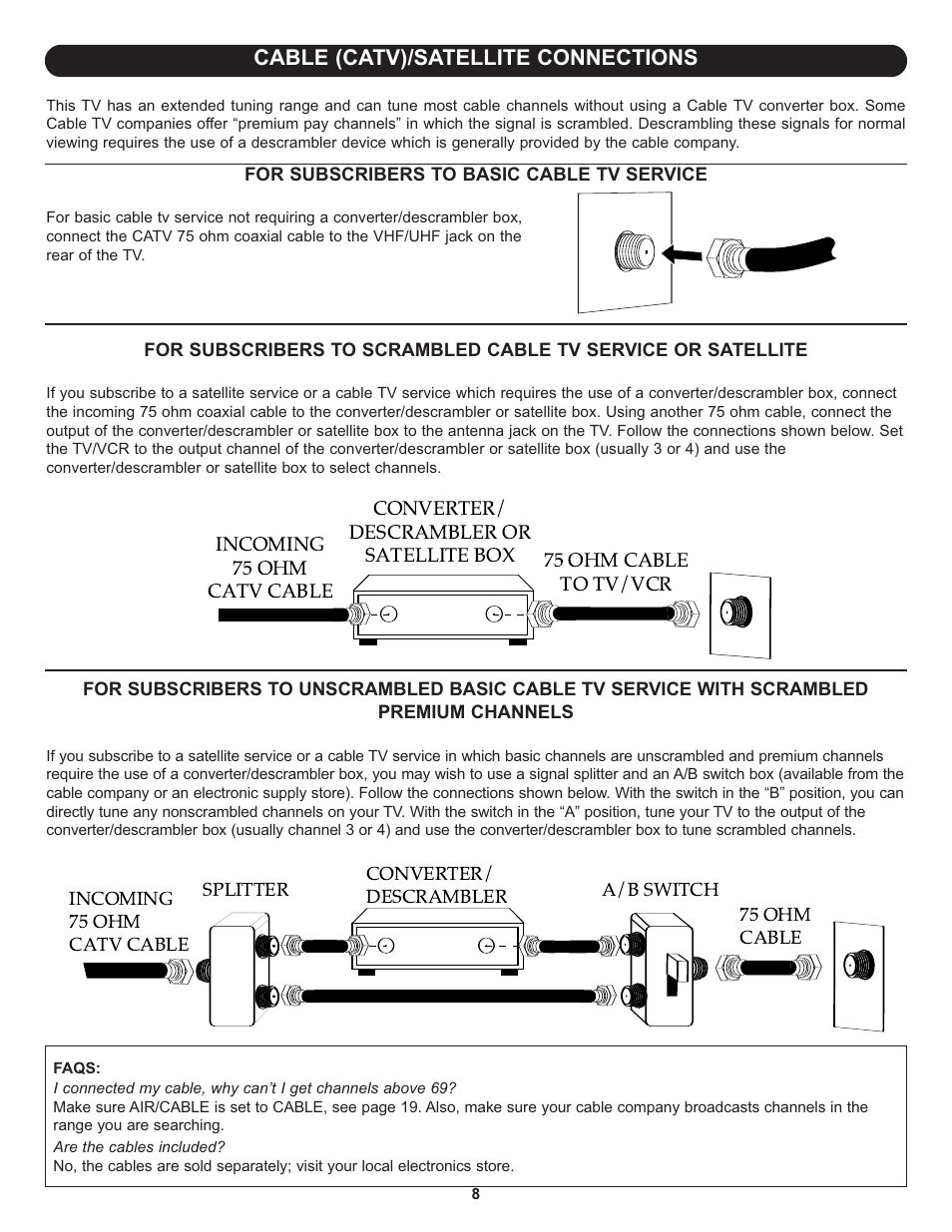 Cable (catv)/satellite connections | Memorex MLT1522 User Manual | Page 9 / 34