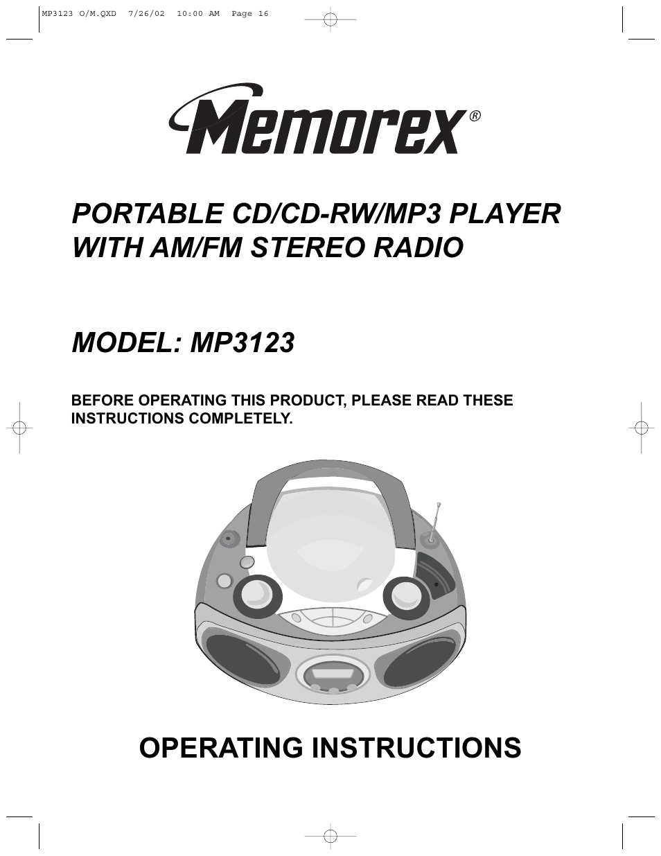 Memorex MP3123 User Manual | 16 pages