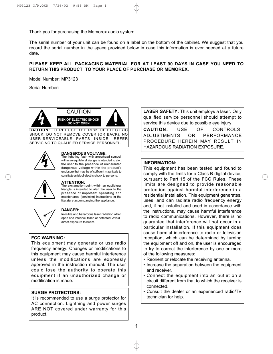 Caution | Memorex MP3123 User Manual | Page 2 / 16