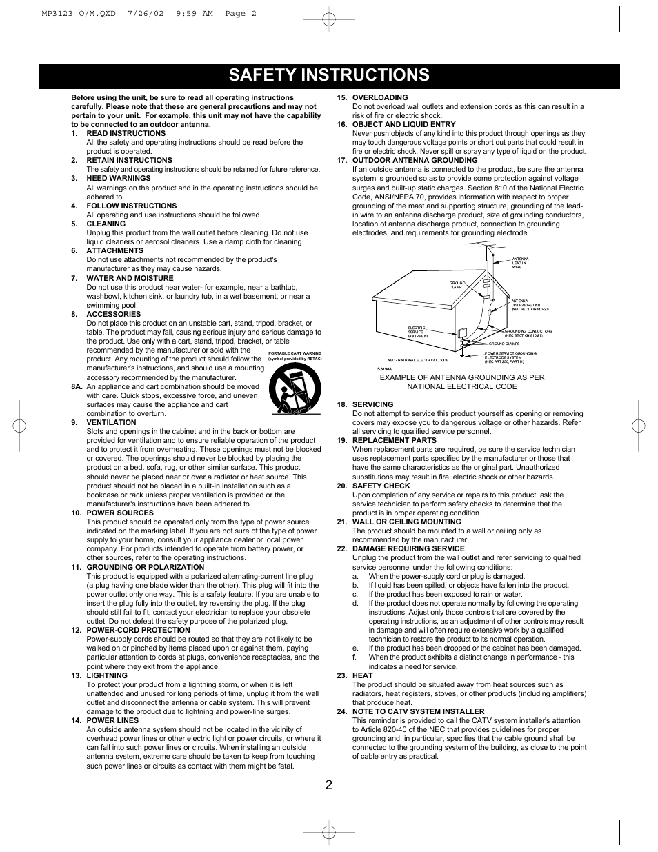 Safety instructions | Memorex MP3123 User Manual | Page 3 / 16