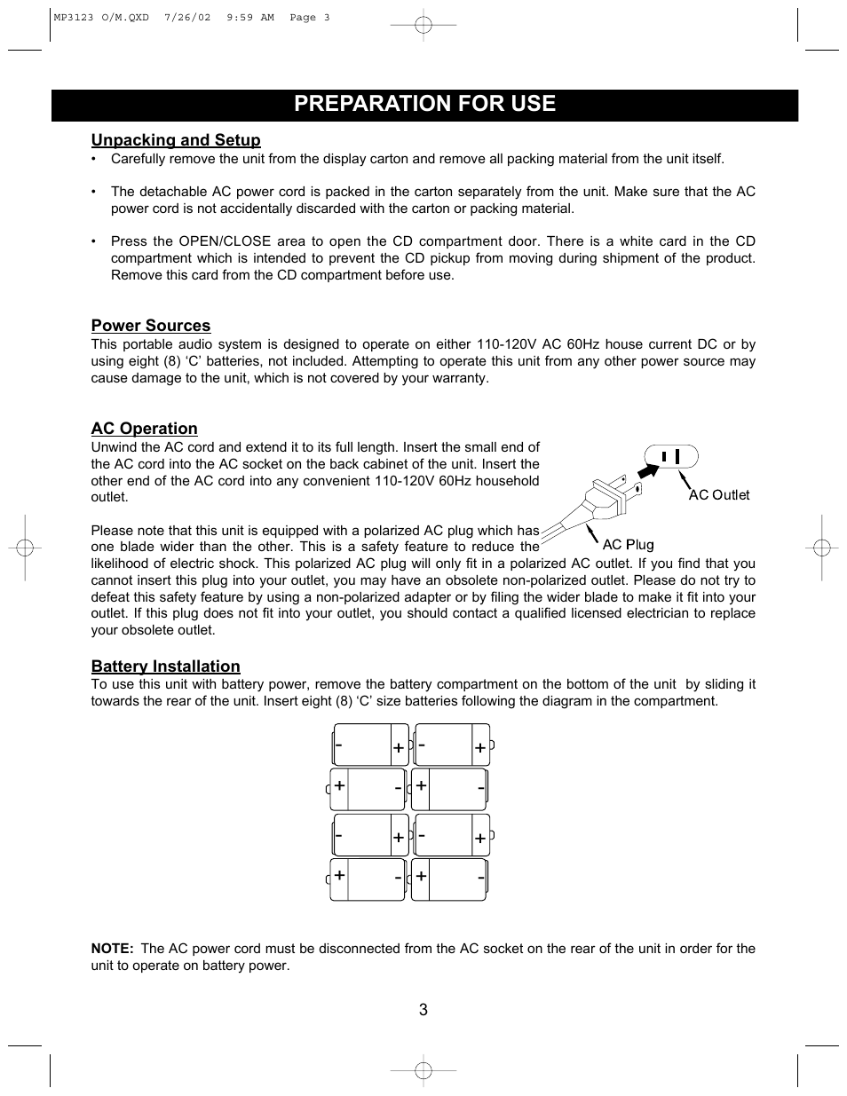 Preparation for use | Memorex MP3123 User Manual | Page 4 / 16