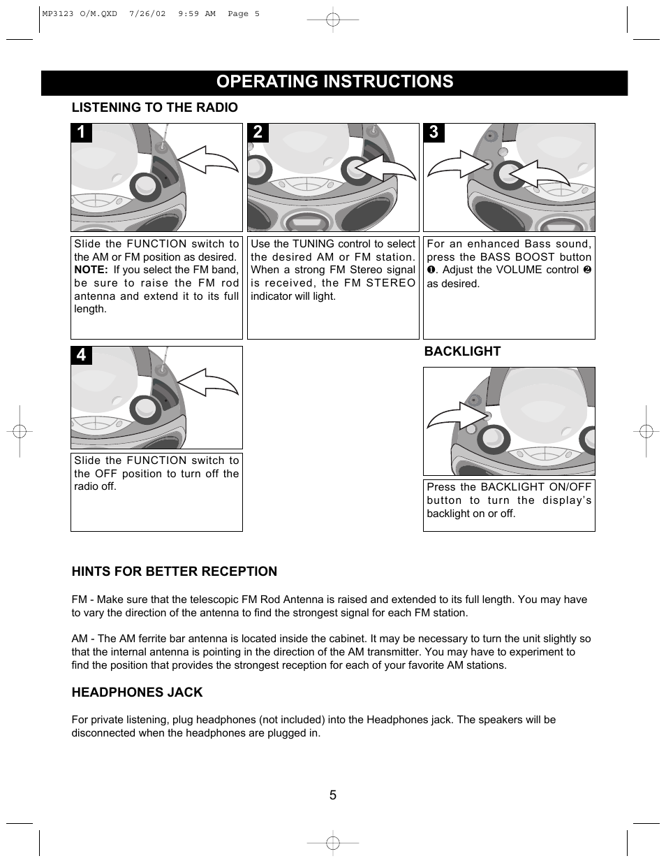 Operating instructions | Memorex MP3123 User Manual | Page 6 / 16