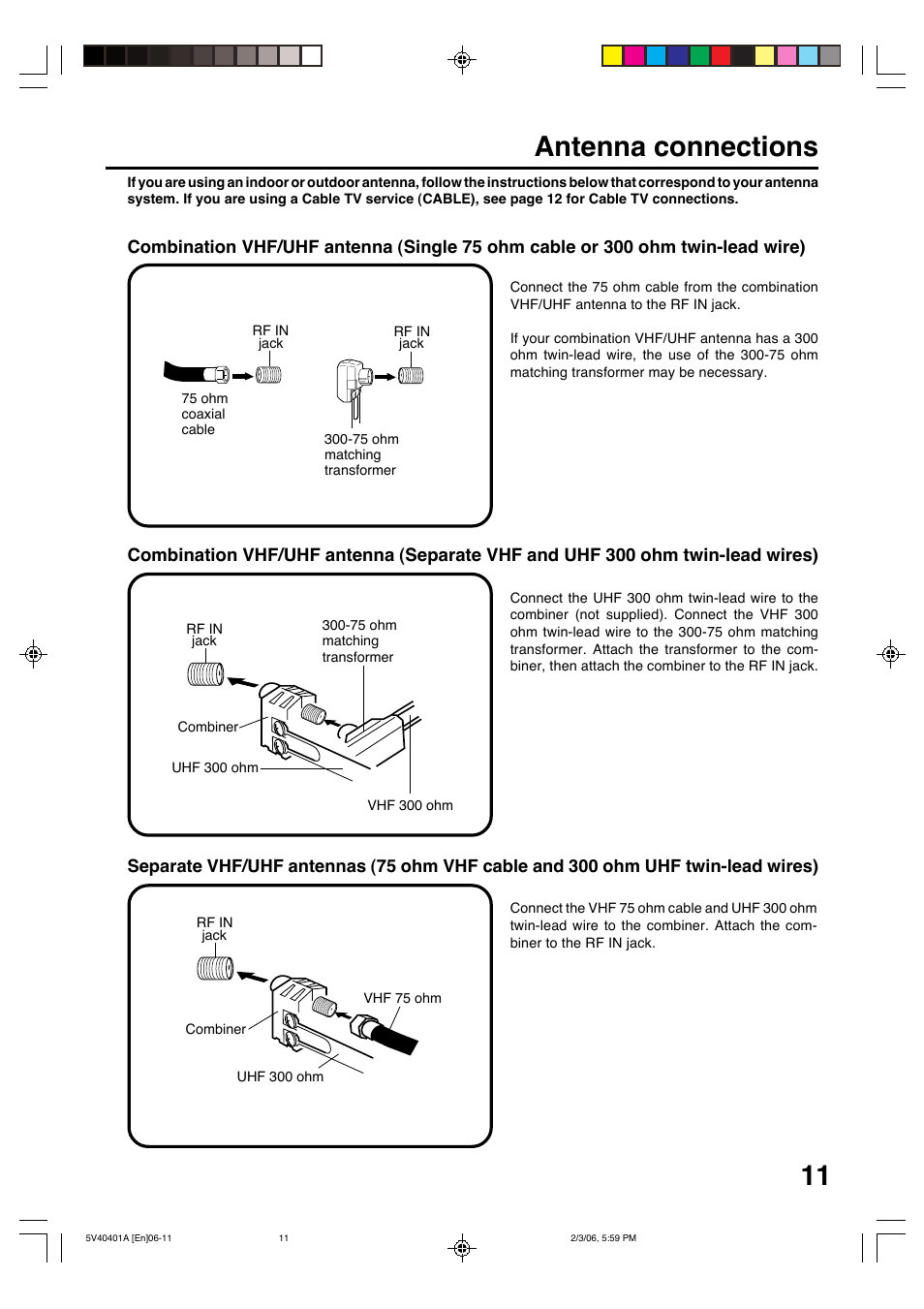 Antenna connections | Memorex MVDT2002A User Manual | Page 11 / 65