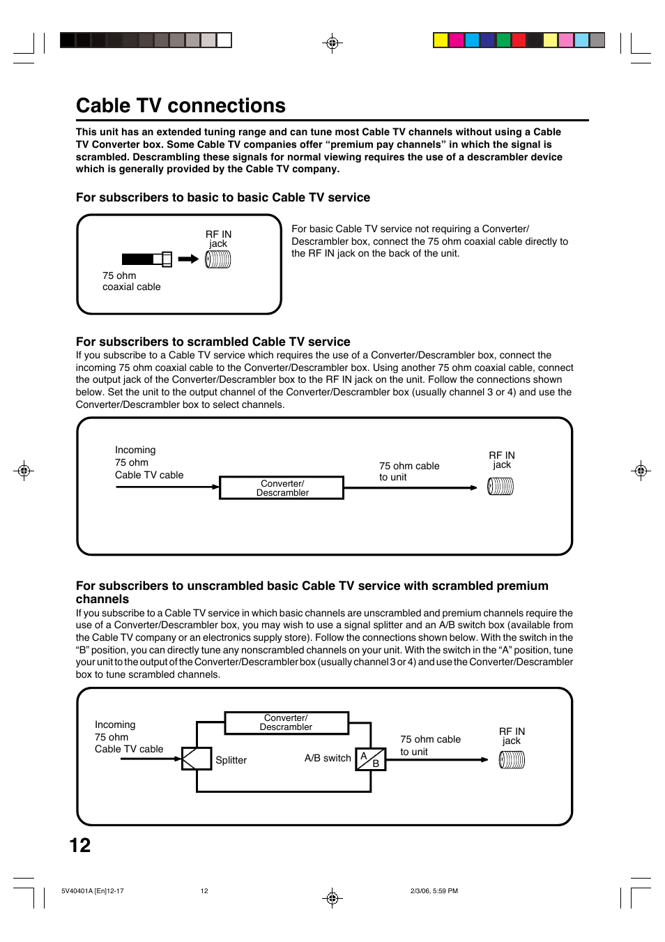 Cable tv connections | Memorex MVDT2002A User Manual | Page 12 / 65
