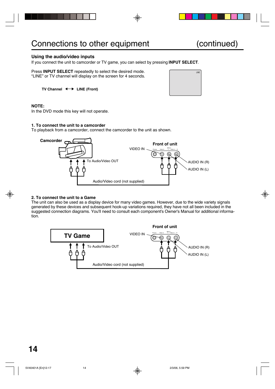 Connections to other equipment (continued), Tv game, Using the audio/video inputs | Memorex MVDT2002A User Manual | Page 14 / 65