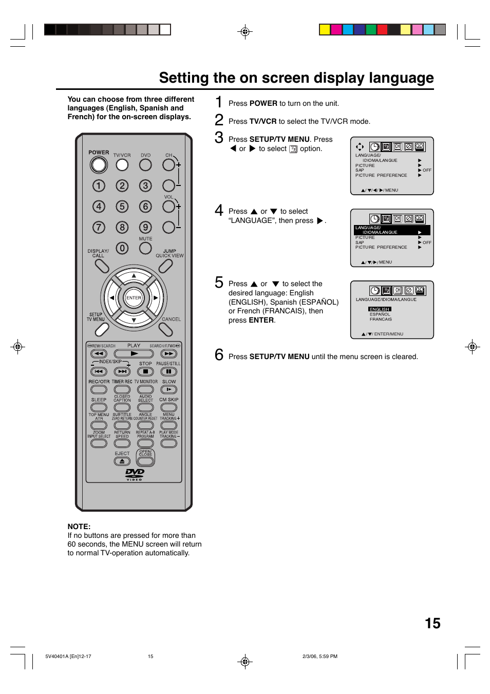 Setting the on screen display language | Memorex MVDT2002A User Manual | Page 15 / 65