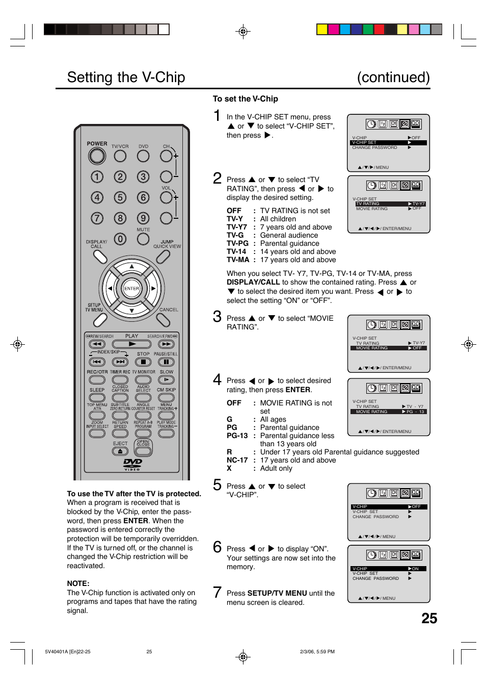 Setting the v-chip (continued) | Memorex MVDT2002A User Manual | Page 25 / 65