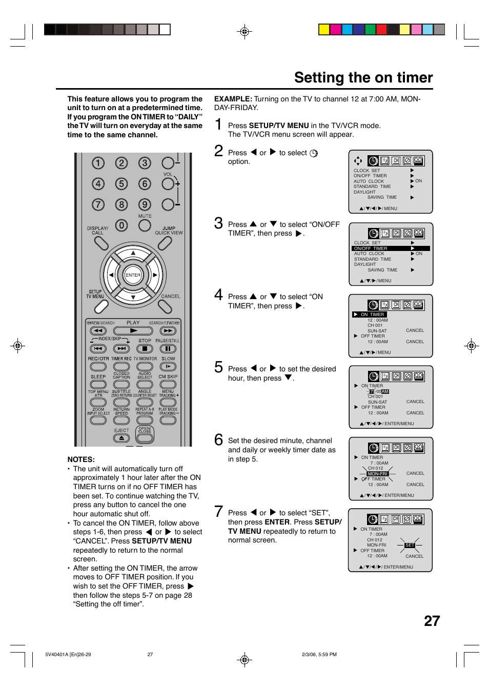 Setting the on timer | Memorex MVDT2002A User Manual | Page 27 / 65