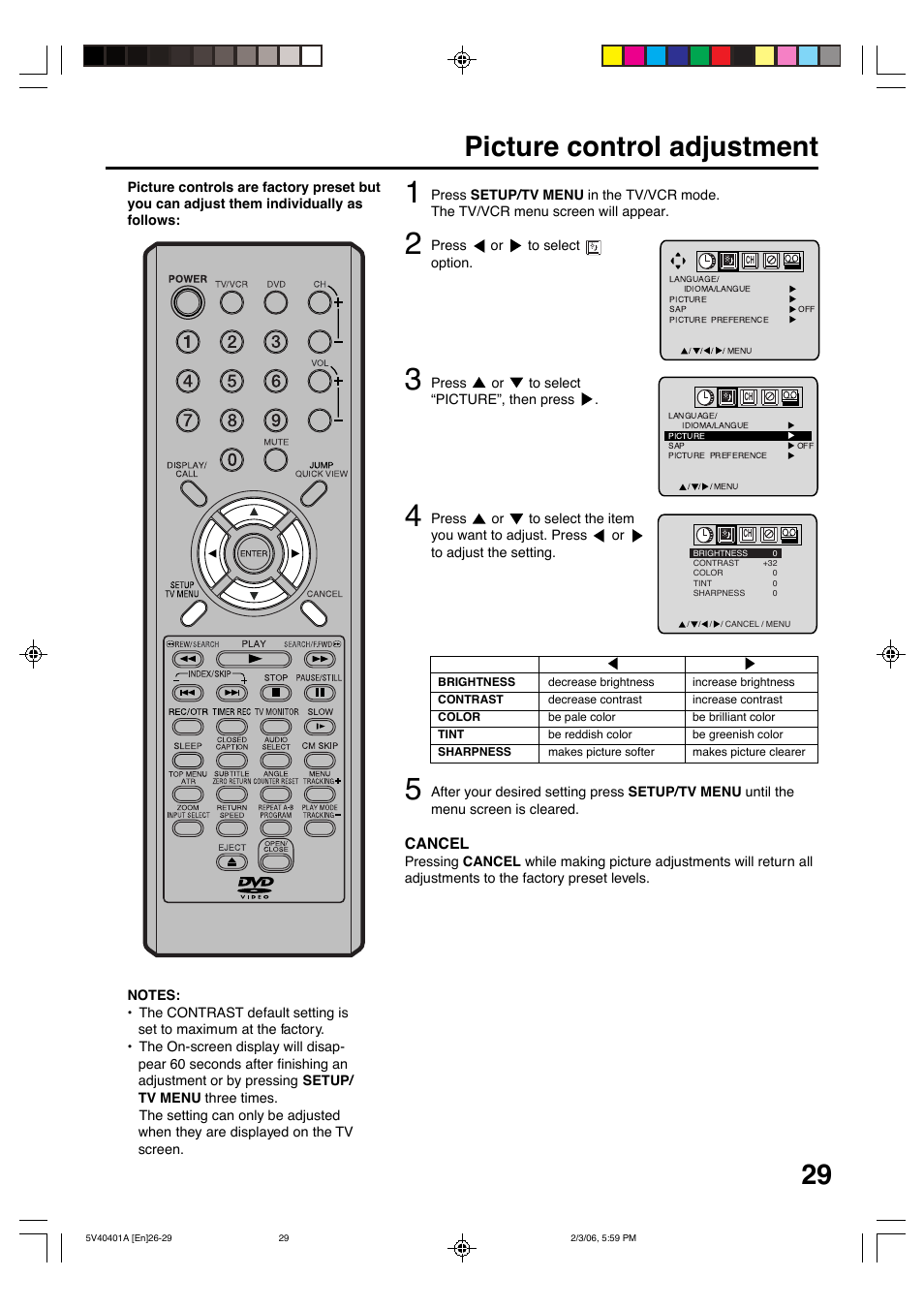 Picture control adjustment | Memorex MVDT2002A User Manual | Page 29 / 65