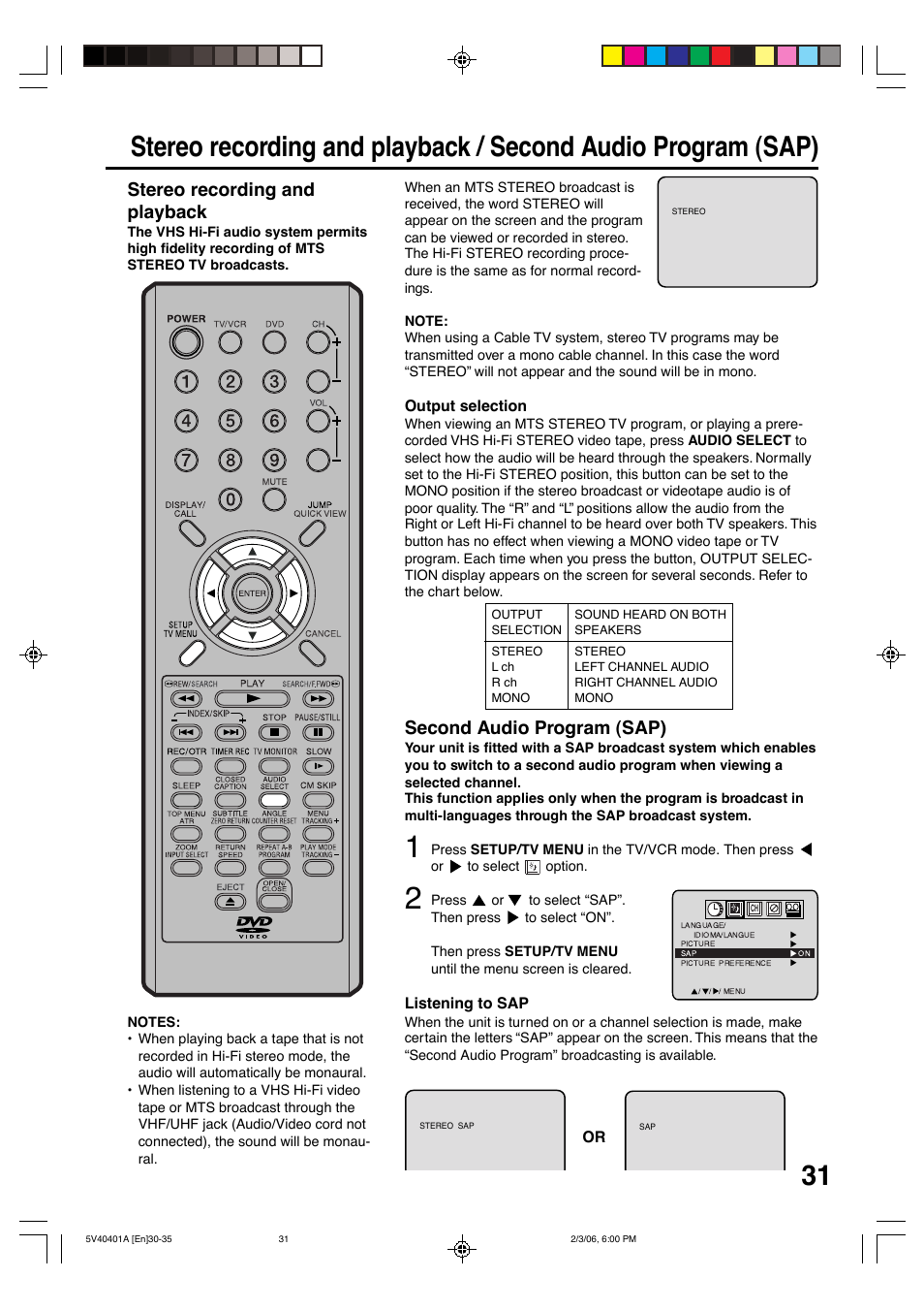 Second audio program (sap), Stereo recording and playback | Memorex MVDT2002A User Manual | Page 31 / 65