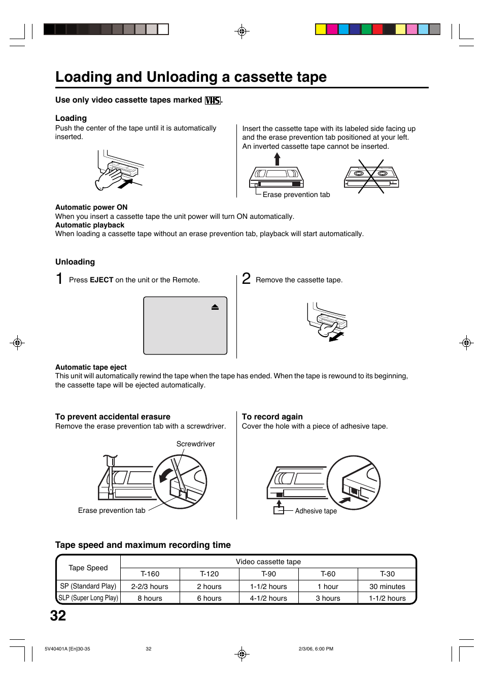 Loading and unloading a cassette tape | Memorex MVDT2002A User Manual | Page 32 / 65