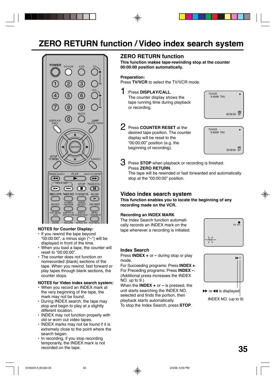 Zero return function / video index search system, Zero return function, Video index search system | Memorex MVDT2002A User Manual | Page 35 / 65