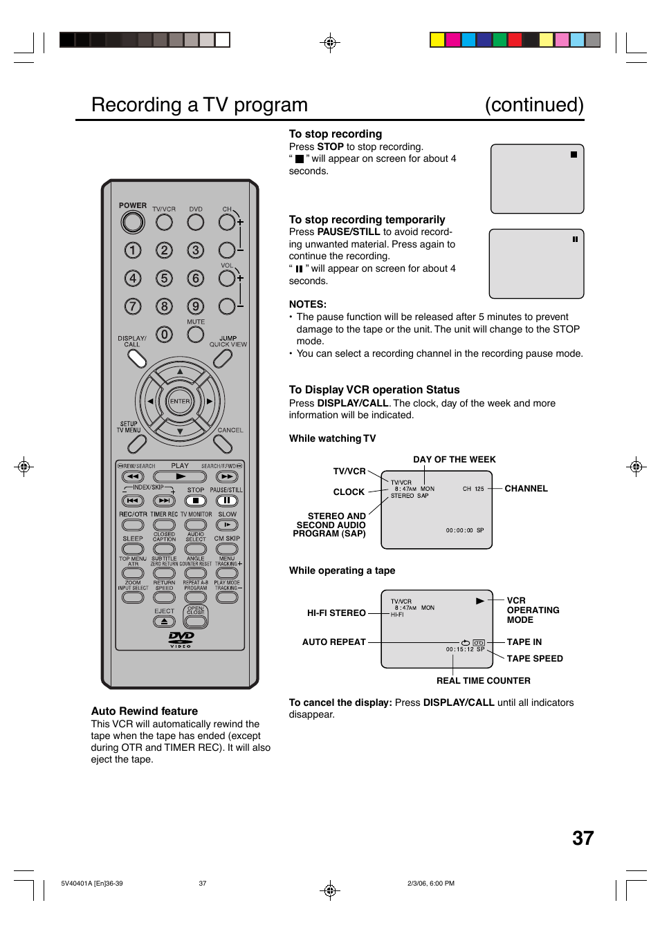 Recording a tv program (continued), Auto rewind feature | Memorex MVDT2002A User Manual | Page 37 / 65