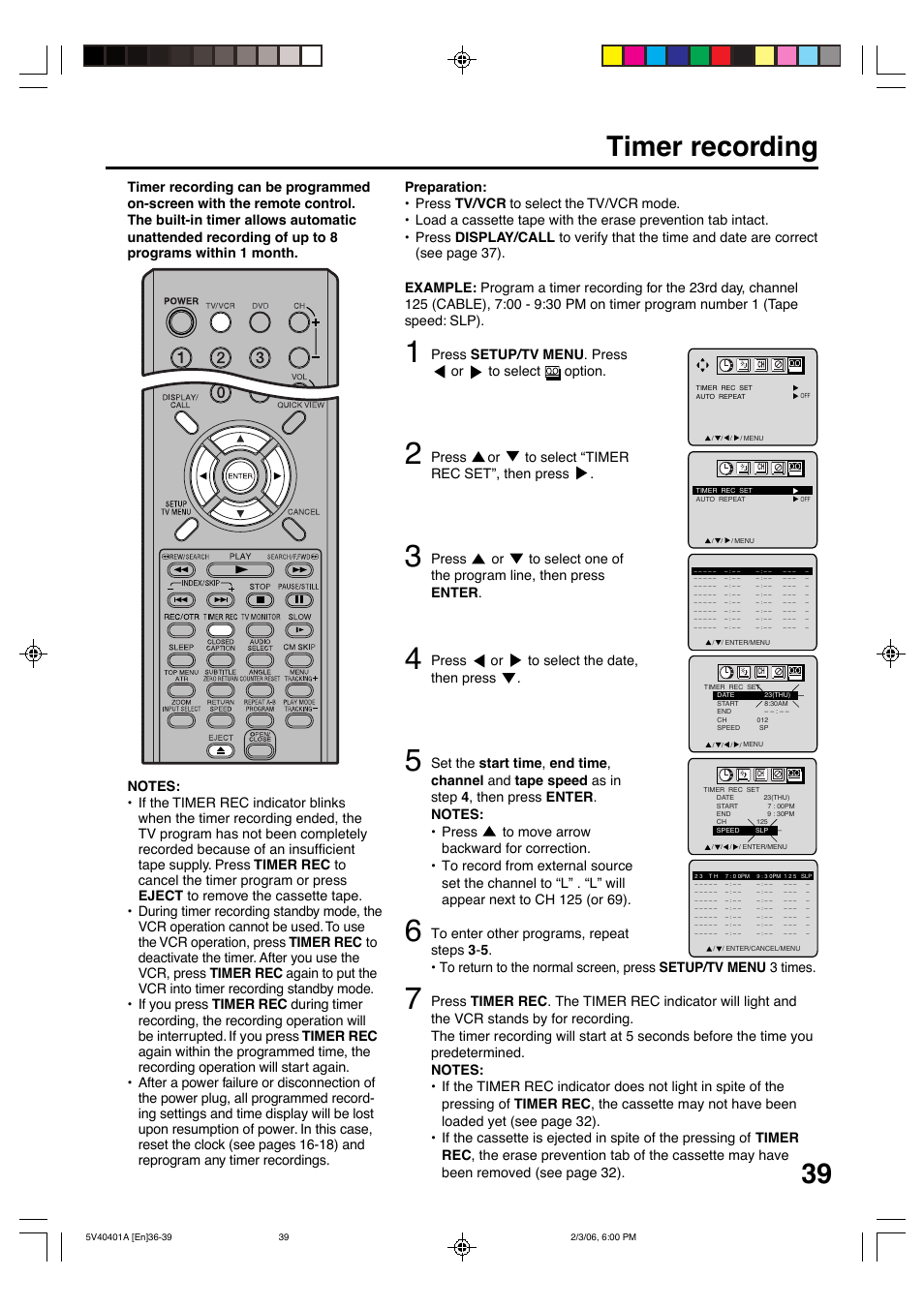 Timer recording, Press setup/tv menu . press or to select option, Press or to select “timer rec set”, then press | Press or to select the date, then press | Memorex MVDT2002A User Manual | Page 39 / 65