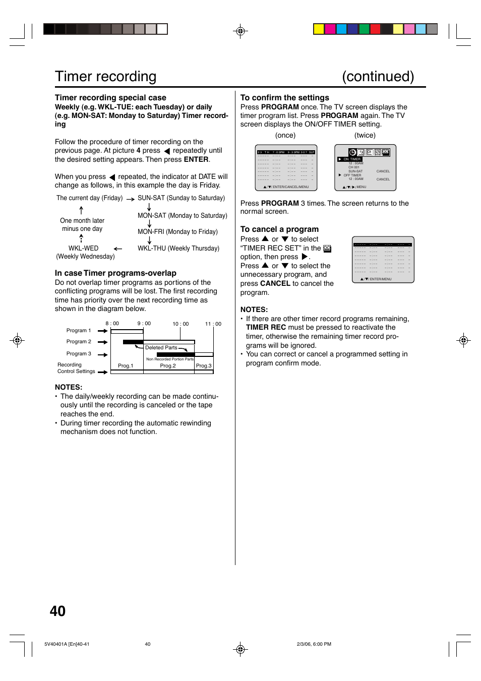 Timer recording (continued), Timer recording special case, Once) (twice) | Memorex MVDT2002A User Manual | Page 40 / 65
