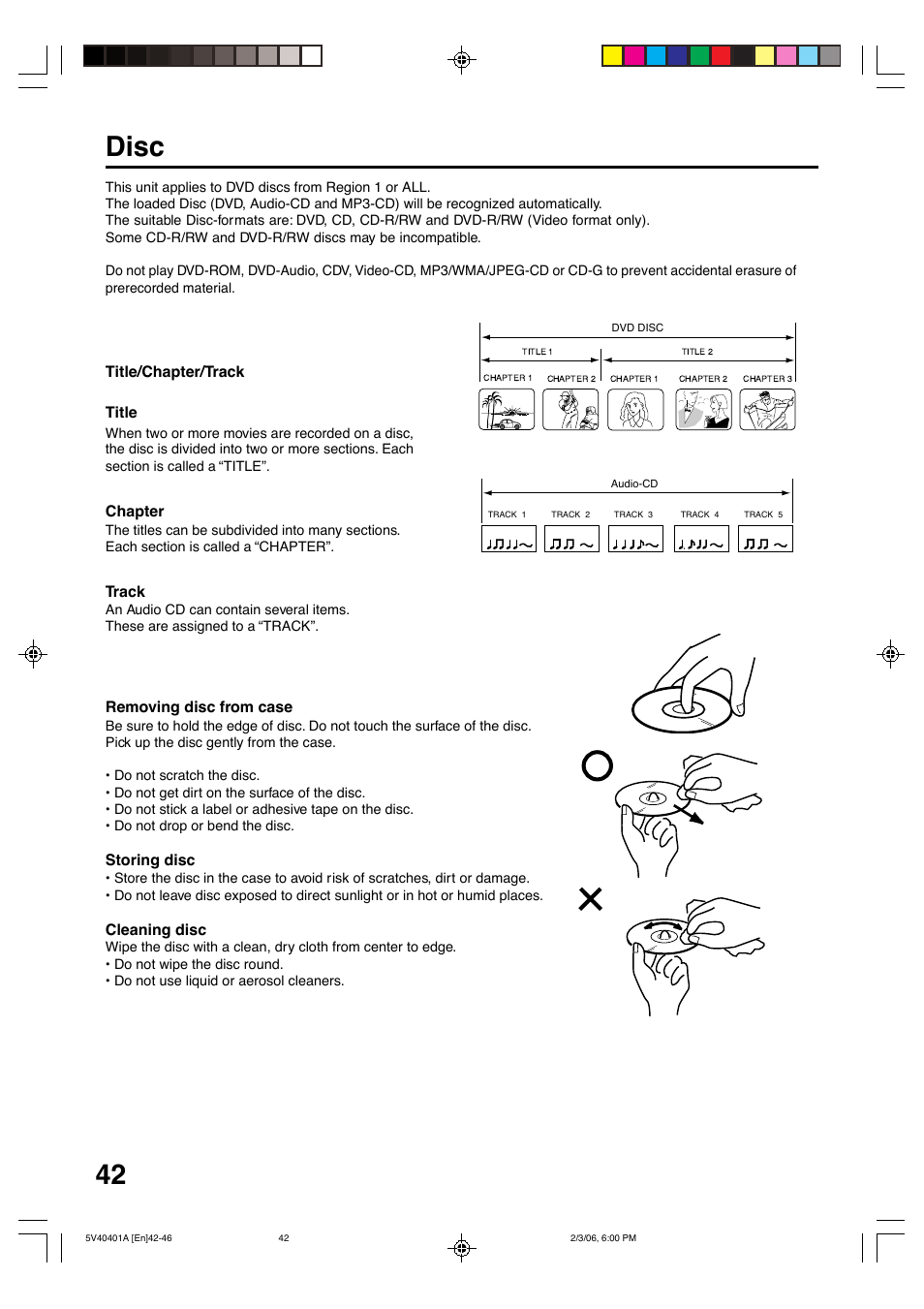 42 disc, Title/chapter/track title, Chapter | Track, Removing disc from case, Storing disc, Cleaning disc | Memorex MVDT2002A User Manual | Page 42 / 65