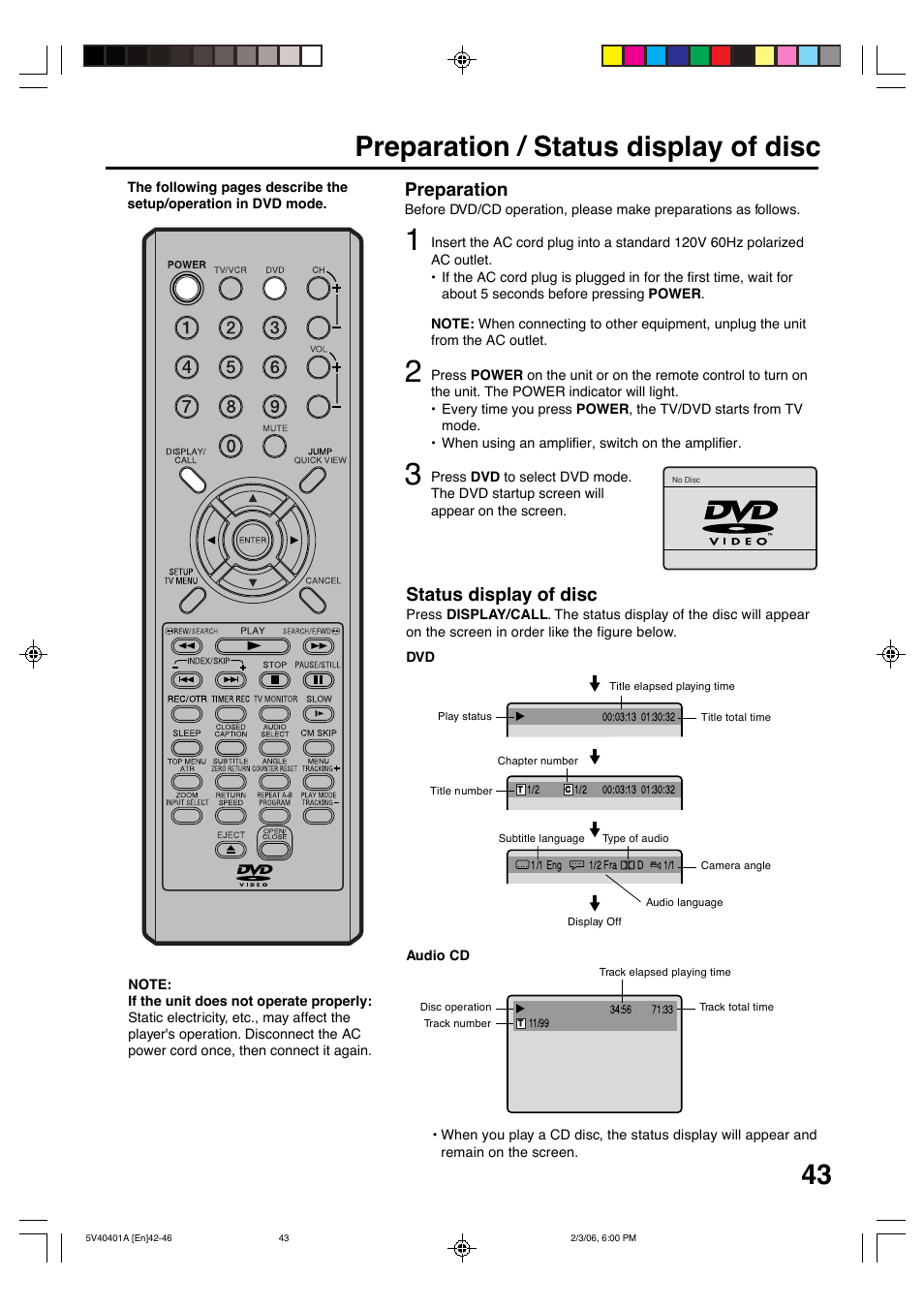 43 preparation / status display of disc, Preparation, Status display of disc | Memorex MVDT2002A User Manual | Page 43 / 65