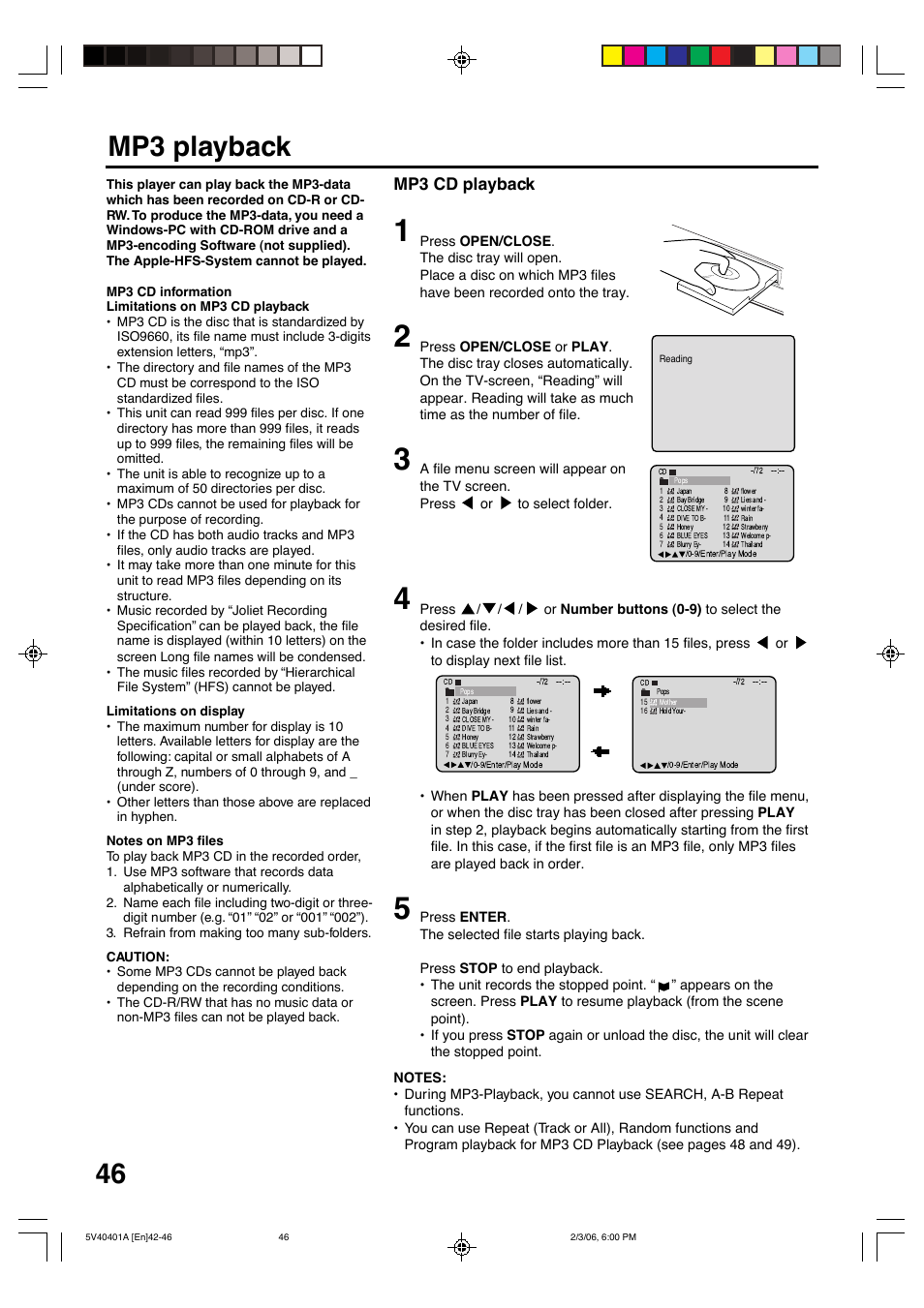 46 mp3 playback, Mp3 cd playback | Memorex MVDT2002A User Manual | Page 46 / 65