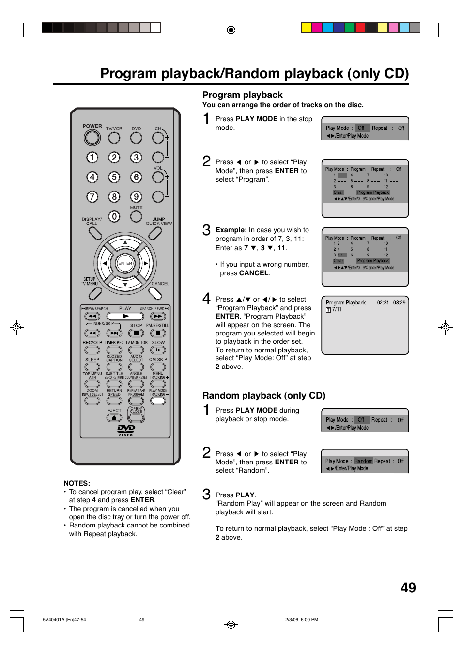 49 program playback/random playback (only cd), Program playback, Random playback (only cd) | Memorex MVDT2002A User Manual | Page 49 / 65