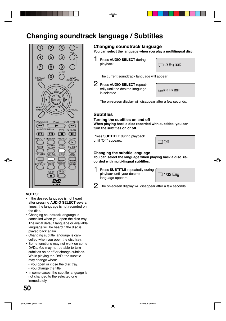 Changing soundtrack language / subtitles | Memorex MVDT2002A User Manual | Page 50 / 65