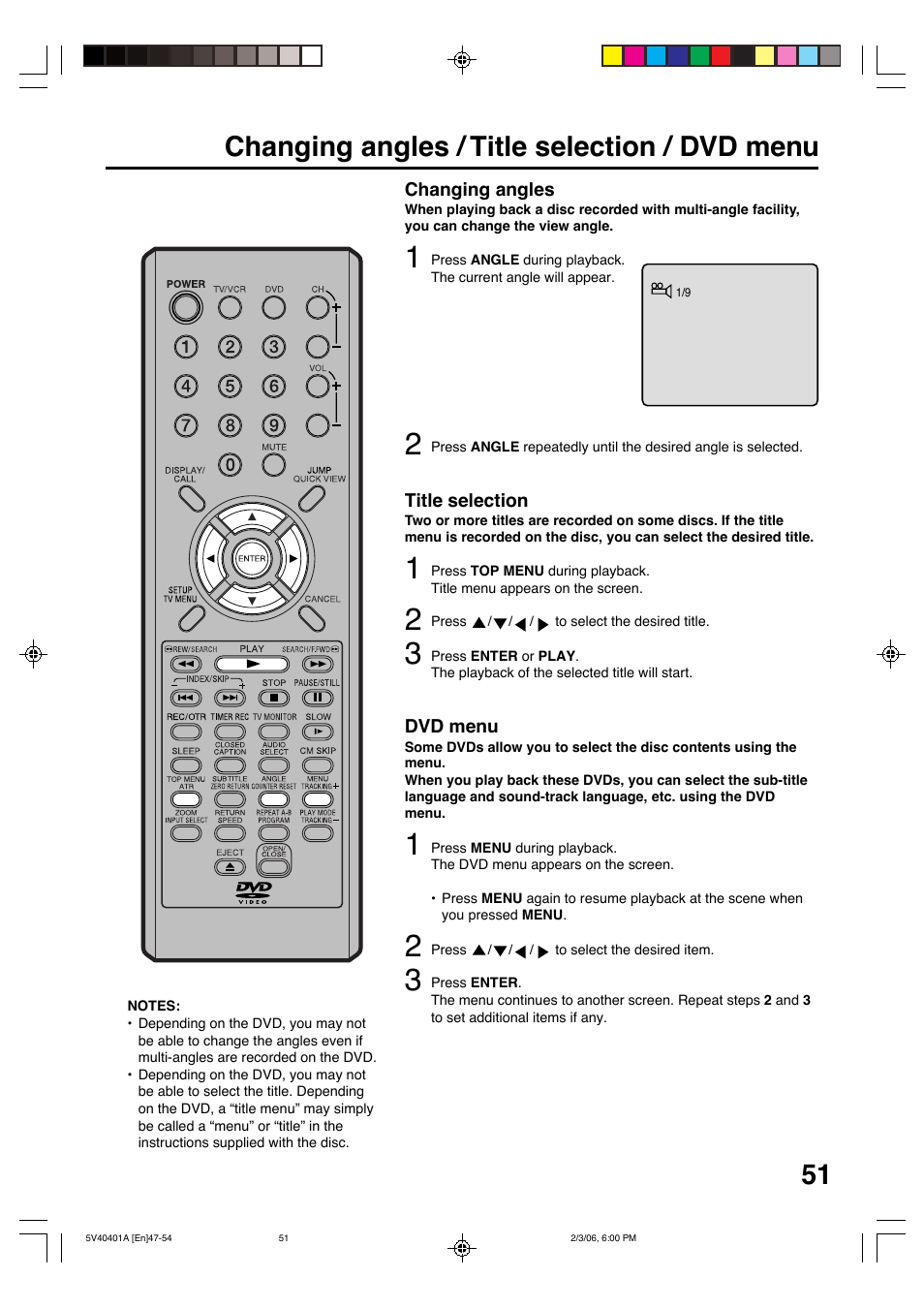 Changing angles / title selection / dvd menu | Memorex MVDT2002A User Manual | Page 51 / 65