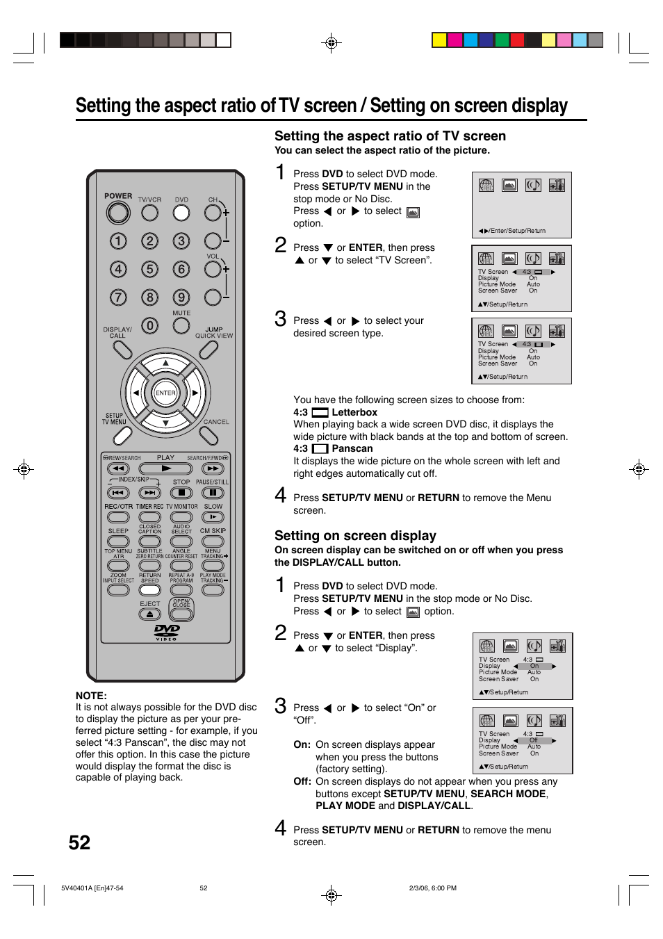 Setting the aspect ratio of tv screen, Setting on screen display | Memorex MVDT2002A User Manual | Page 52 / 65
