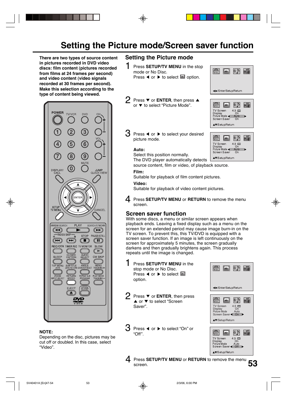 Setting the picture mode/screen saver function, Screen saver function, Setting the picture mode | Memorex MVDT2002A User Manual | Page 53 / 65