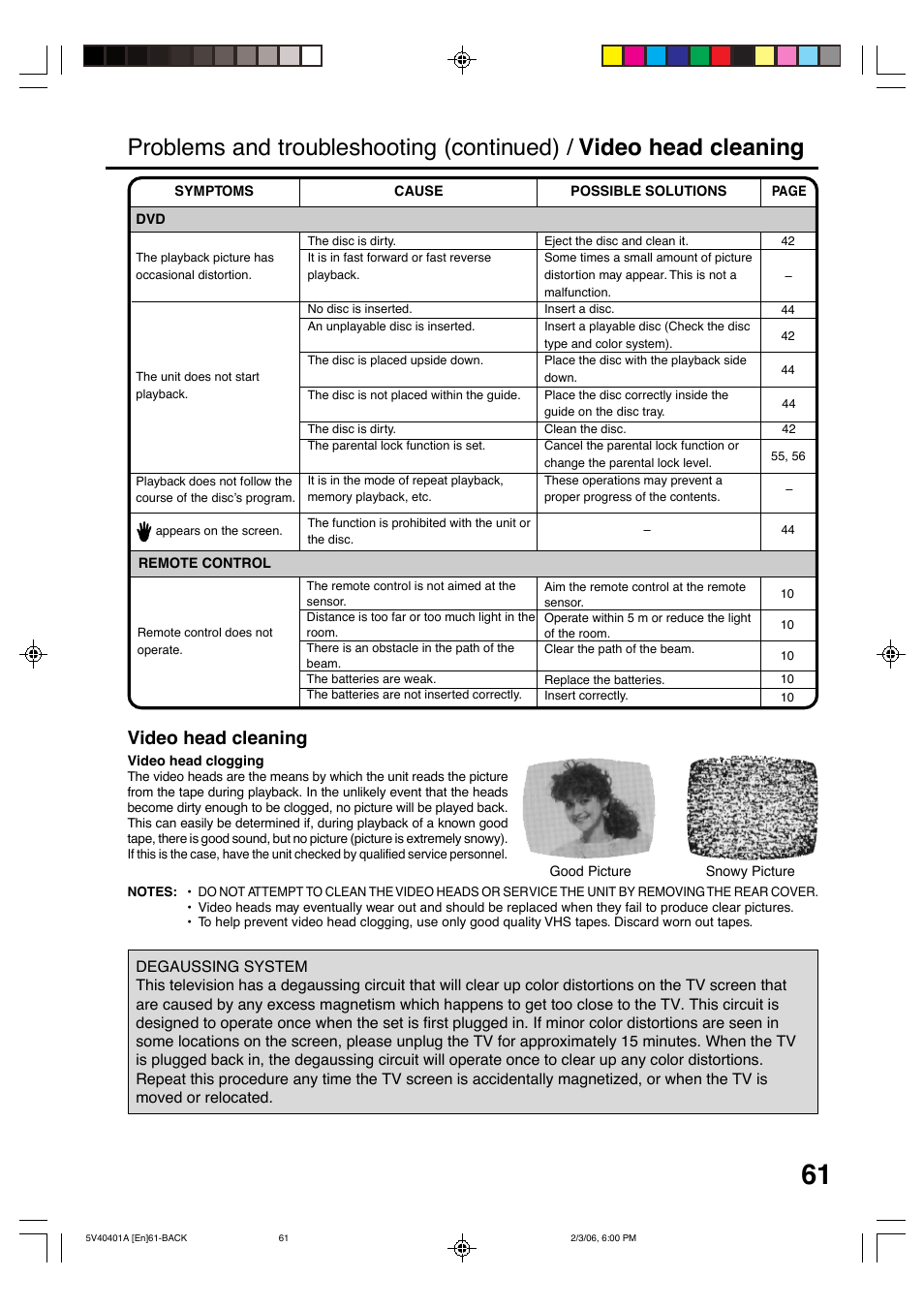 Video head cleaning | Memorex MVDT2002A User Manual | Page 61 / 65