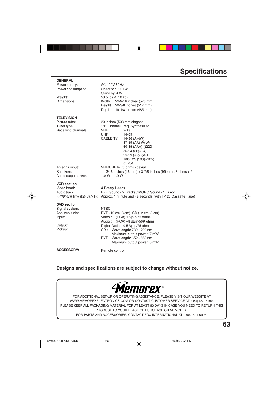 Specifications | Memorex MVDT2002A User Manual | Page 64 / 65