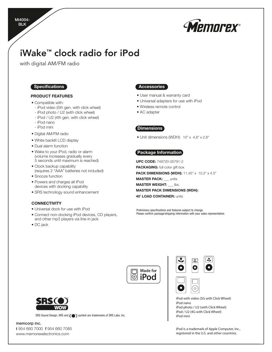 Iwake, Clock radio for ipod, With digital am/fm radio | Memorex Mi4004-BLK User Manual | Page 2 / 2