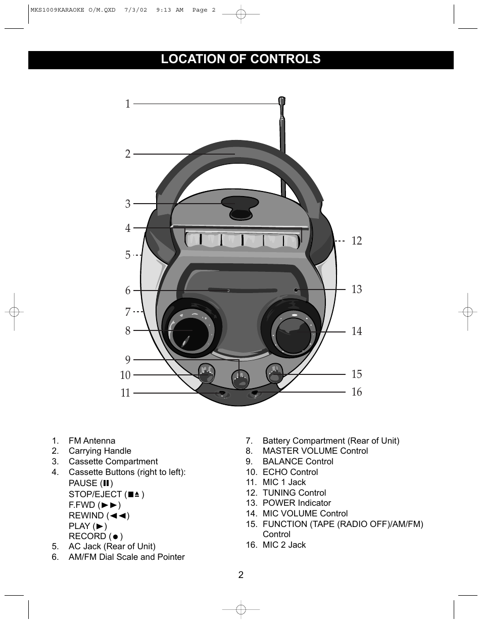 Location of controls | Memorex MKS1009 User Manual | Page 3 / 10