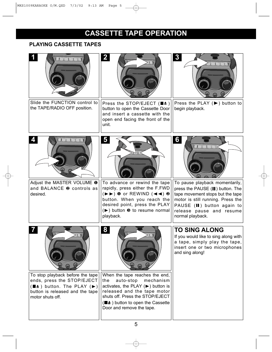 Cassette tape operation | Memorex MKS1009 User Manual | Page 6 / 10