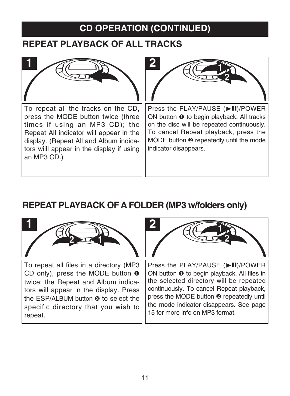 Cd operation (continued), Repeat playback of all tracks, Repeat playback of a folder (mp3 w/folders only) | Memorex MPD8802 User Manual | Page 12 / 22