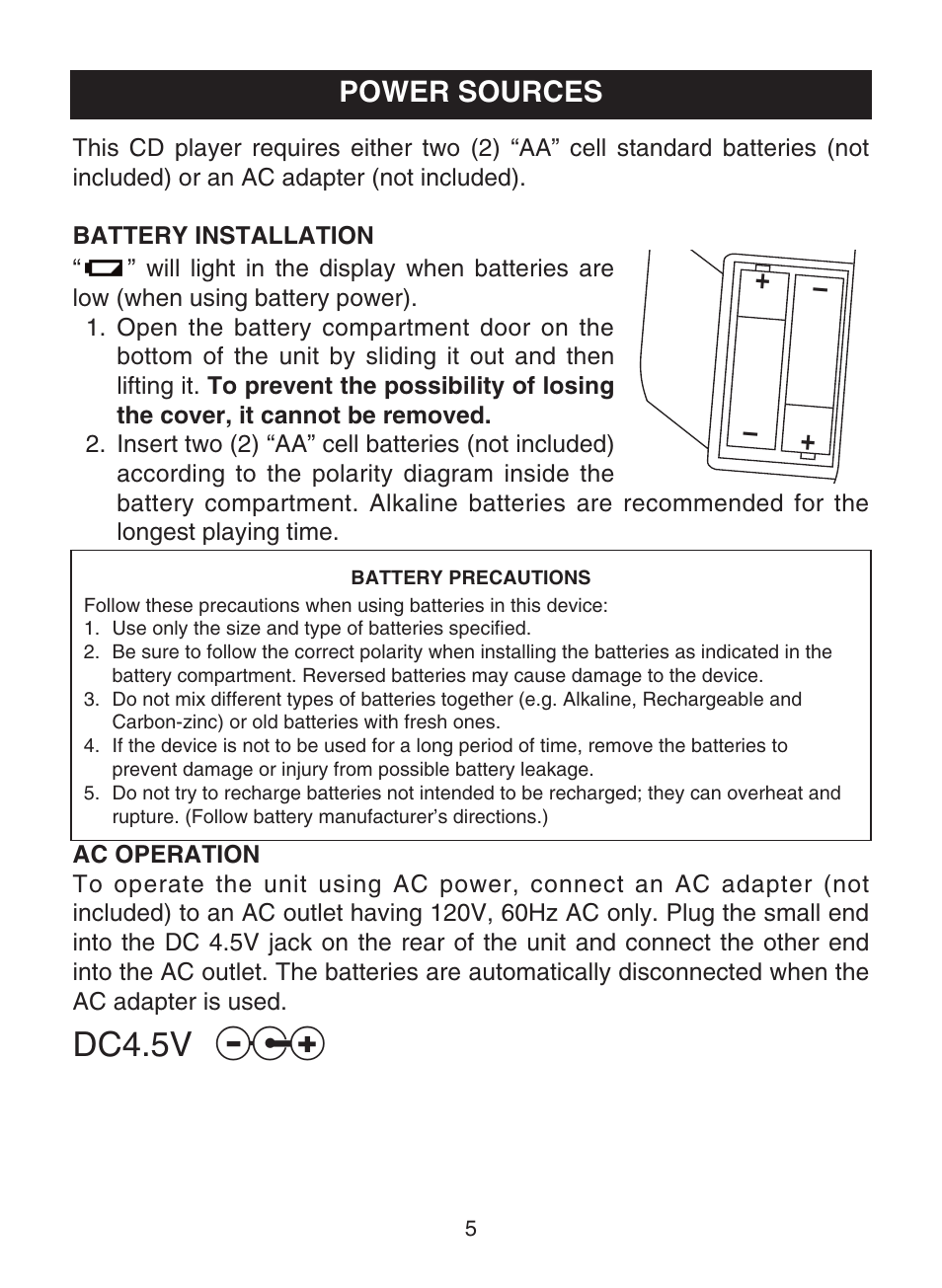 Dc4.5v, Power sources | Memorex MPD8802 User Manual | Page 6 / 22