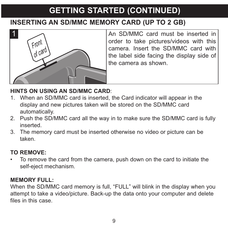 Getting started (continued), Front of card | Memorex MCC215 User Manual | Page 10 / 48