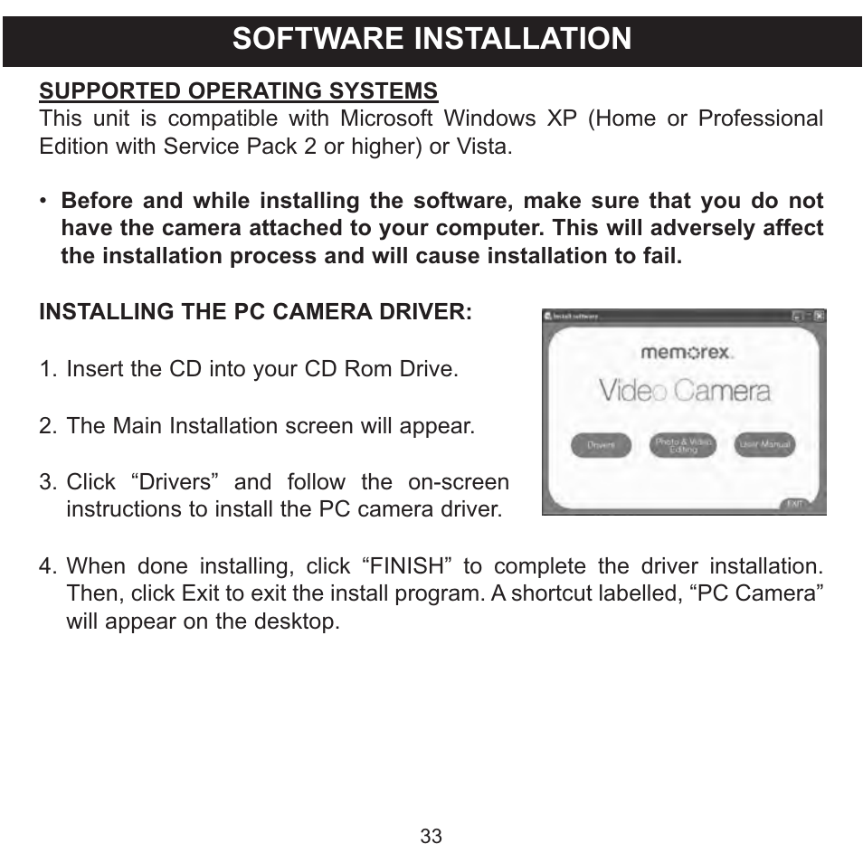 Software installation | Memorex MCC215 User Manual | Page 34 / 48