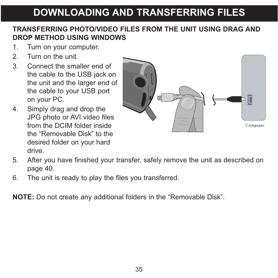 Downloading and transferring files | Memorex MCC215 User Manual | Page 36 / 48