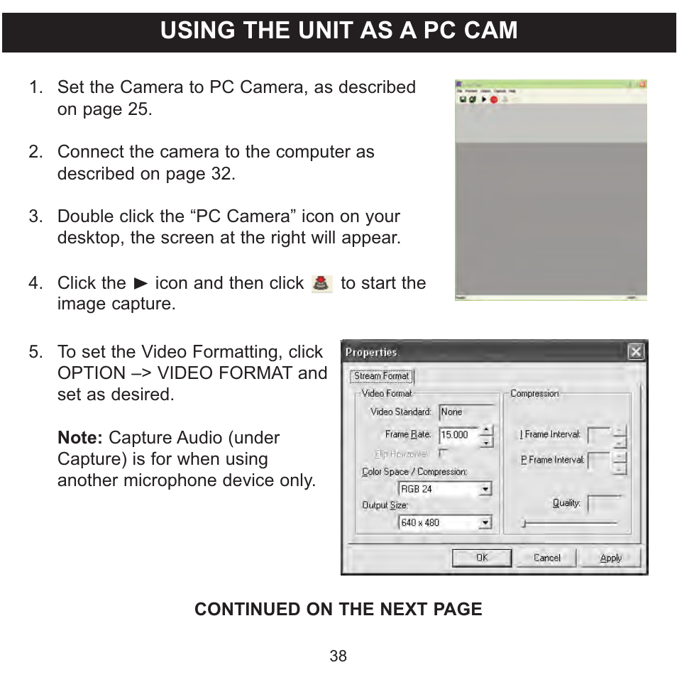 Using the unit as a pc cam | Memorex MCC215 User Manual | Page 39 / 48