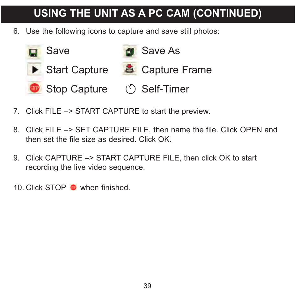 Using the unit as a pc cam (continued) | Memorex MCC215 User Manual | Page 40 / 48