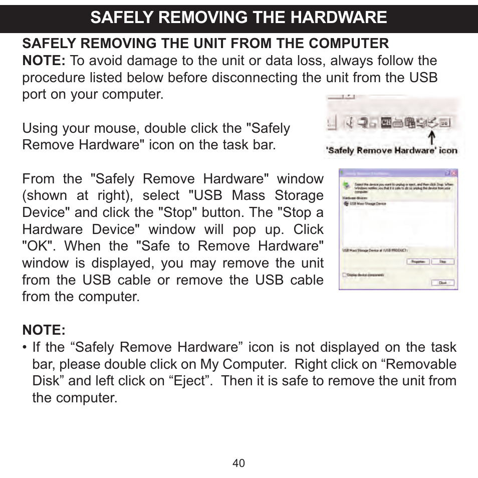 Safely removing the hardware | Memorex MCC215 User Manual | Page 41 / 48