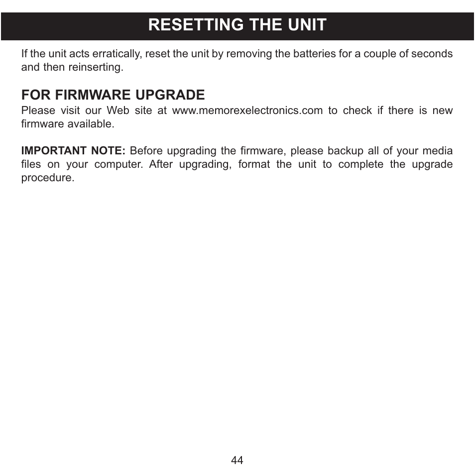 Resetting the unit, For firmware upgrade | Memorex MCC215 User Manual | Page 45 / 48