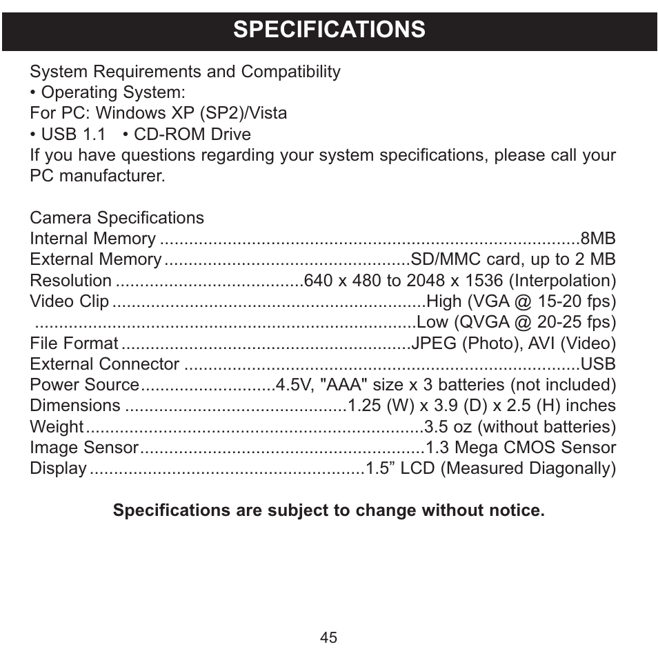 Specifications | Memorex MCC215 User Manual | Page 46 / 48